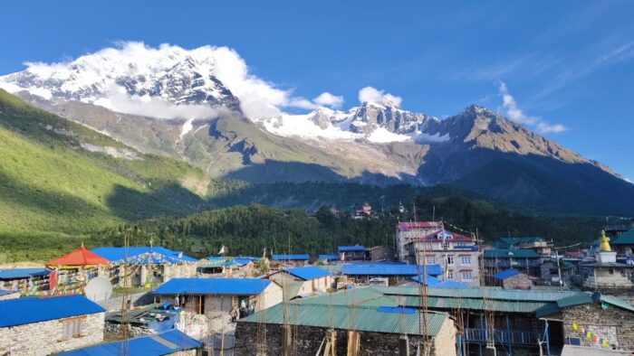 Manaslu mountain views over Samagaun village in Nepal
